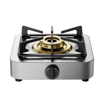 Modern Stainless Steel Gas Stove with Gold Burner and Black Handles on Transparent Background png
