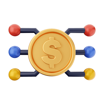 A dollar coin surrounded by four colored spheres png