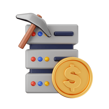 A hammer and a dollar coin next to a server png