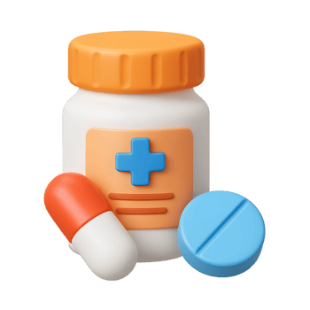 Colorful Medicine Bottle and Pills in Bright, Playful Style Illustration png