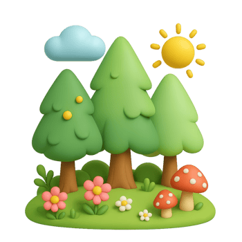 Playful 3D Forest Scene with Trees, Clouds, Sun, and Mushrooms png