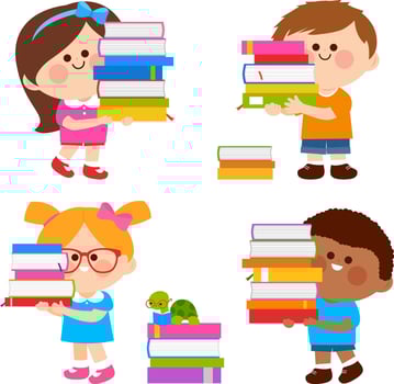 Diverse group of children carrying big piles of books. Happy smart girls and boys learning lesson in class. Kids at the school library read many books, doing homework. vector
