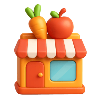 Colorful 3D Grocery Icon with Carrot and Apple on a Stall png