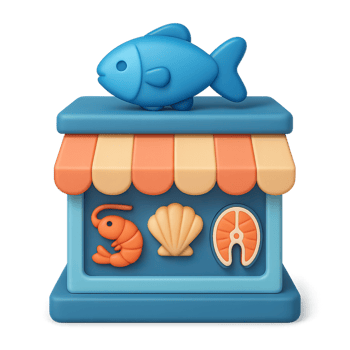 3D Icon of a Seafood Shop with Cartoon Fish and Shellfish Design png