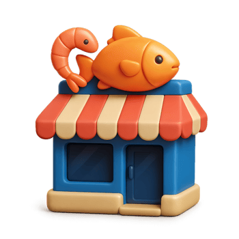 Colorful 3D Seafood Icon with Fish and Shrimp on a Storefront png