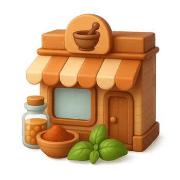 Simple 3D Icon of a Spice Shop with Highlighted Ingredients and Pot png