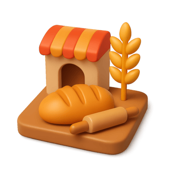 3D Bakery Icon with Bread and Rolling Pin in Simple Style png