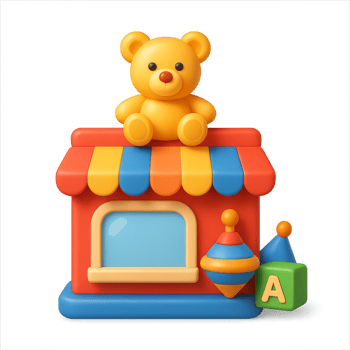 Colorful 3D Toy Store Icon with Bear and Spinning Top Design png