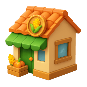 Colorful 3D Agricultural Store Icon with Corn and Pumpkin Details png