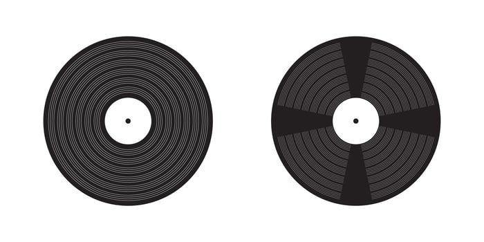 DJ turntable and vinyl record illustration Retro LP music disc icons for vintage party vibe 70s 80s 90s nostalgia isolated artwork vector