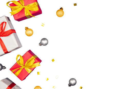 Christmas gift box with balls for banner background png