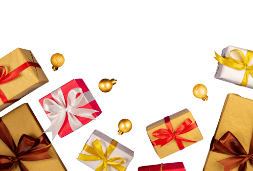 Christmas gift boxes with golden balls for banner background png