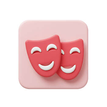 Playful illustration of two red smiling theater masks representing comedy and joy on a pink background. png