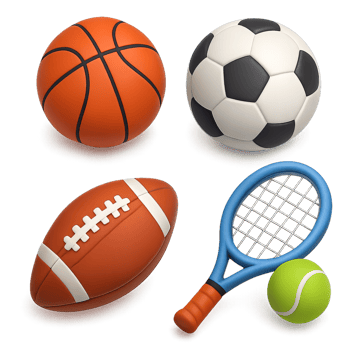 Colorful 3D Sports Gear Including Basketball, Soccer Ball, and Tennis Racket png