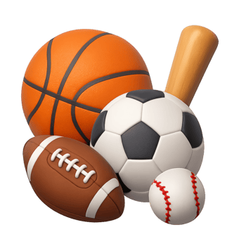 Colorful 3D Sports Gear Collection Featuring Various Balls and Bat png