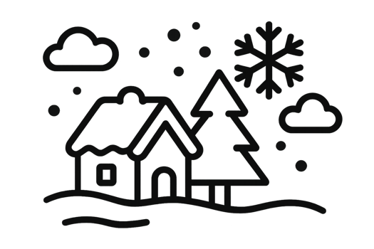 Simple Winter Icon Design with House, Tree, and Snowflakes png
