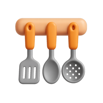 Colorful 3D Kitchen Utensils on a Rack for Cooking and Baking png