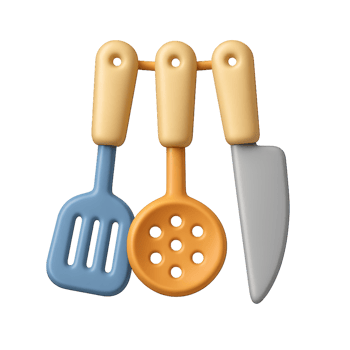 Colorful 3D Kitchen Utensils with Spatula, Spoon, and Knife png