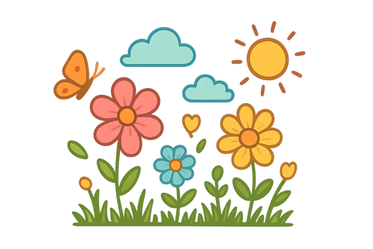 Colorful Spring Flowers with Butterfly and Sun in Simple Design png