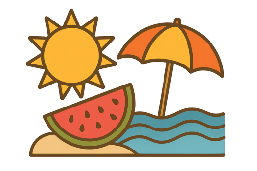 Summer Icon Illustration with Sun, Watermelon, and Beach Umbrella png