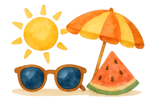 Summer Watercolor Icon with Sunglasses, Sun, and Watermelon Slice png