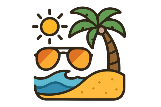 Summer Icon with Sunglasses, Beach, Sun and Palm Tree Design png
