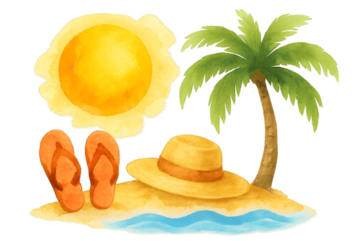 Summer Watercolor Icon of Beach Vacation with Sun and Palm Tree png