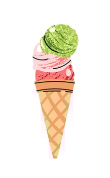 Watermelon Ice Cream Scoops in Waffle Cone. Flat Design Sorbet on White Background. Refreshing Summer Dessert, Sweet Treat. Perfect for Logos, Stickers, Packaging, Food Branding, Labels vector
