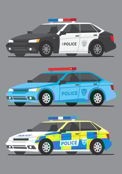 modern police cars with multiple colors black white blue and yellow and sirens on top vector