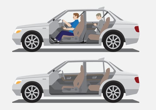 sedan car cutaway side open view with driver and passenger and empty inside vector
