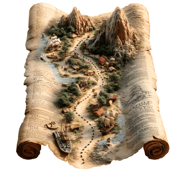Ancient Treasure Map Scroll Unfolds Revealing Coastal Village Path Ships Mountains png
