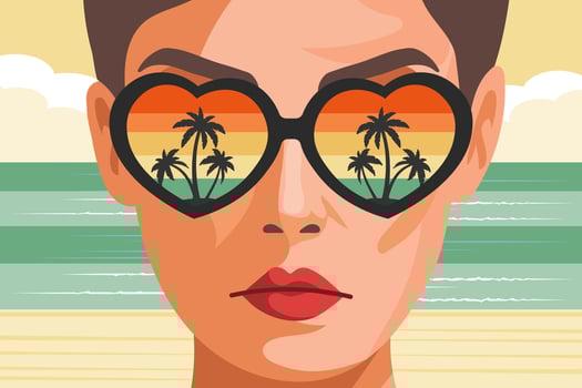 Woman wearing heart shaped sunglasses reflecting tropical sunset. Summer time, vacation concept. Travel illustration. vector