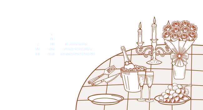Romantic dinner poster. Banner with champagne, candles and roses on table for birthday or wedding invitations. Hand drawn sketch illustration. vector