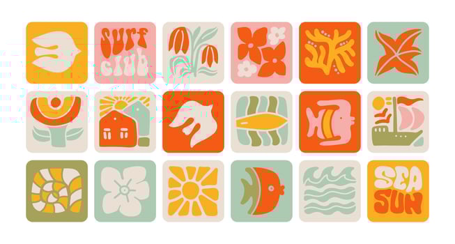 Set of vintage summer tiles with naive natural elements. Retro style beach vacation square stickers collection, summertime sea season labels with hand drawn lettering. simple flat illustration. vector