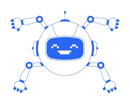 Robotics helper with pixelated smile line onboarding ui illustration. Round robot with multiple arms. Mascot technology. Friendly AI outline blue 2D concept isolated. Monochrome metaphor art vector