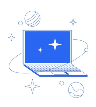 Laptop with orbiting planets sparkles line onboarding ui illustration. Cosmic internet. Cyber space notebook. Universe technology outline blue 2D concept isolated. Monochrome metaphor art vector
