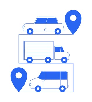 Vehicles tracking with location pins line onboarding ui illustration. Car, truck and van delivery. Logistics, travel, fleet management outline blue 2D concept isolated. Monochrome metaphor art vector