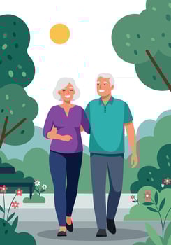 Elderly couple walking in park with trees sun and flowers in nature illustration vector