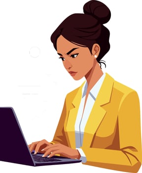 Woman focused on laptop typing in yellow blazer professional workspace illustration vector
