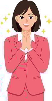 Businesswoman in pink suit with sparkling stars showing gratitude and happiness illustration vector
