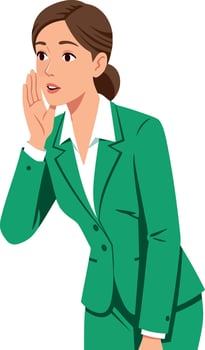 Businesswoman in green suit whispering secret communication illustration vector