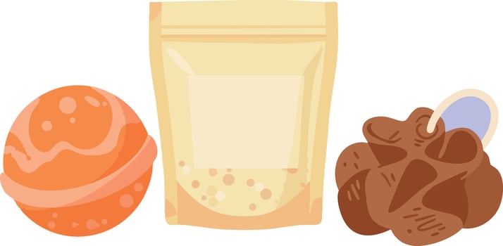 Bath bomb bath salts and brown body scrub set for skincare routine illustration vector