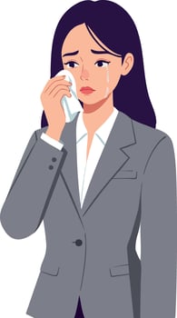 Young woman in gray suit wiping tears with tissue illustration vector