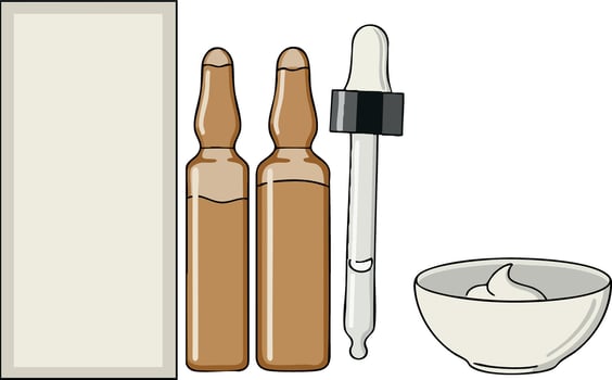 Brown glass ampoules with dropper and cream bowl for skincare or medical use illustration vector