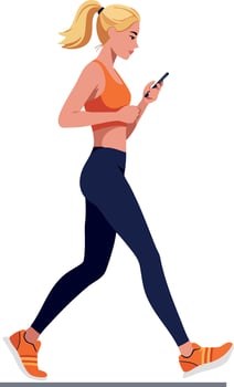Woman walking with smartphone in orange sportswear and black leggings exercise activity vector