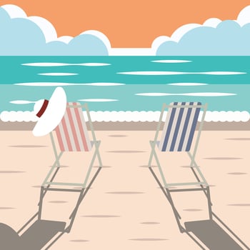 Summer season. Tranquil sunset view. Sunbed on the island. Tropical vacation. vector