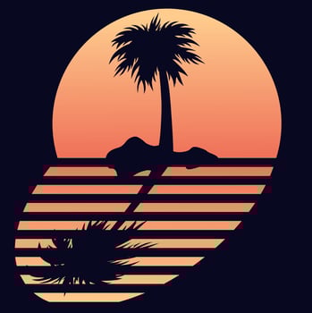 Abstract tropical sunset. Silhouette of palm trees on the island. Summer landscape. vector