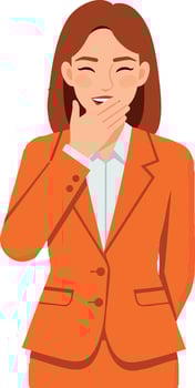 Young woman in orange suit laughing covering mouth illustration vector