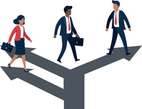 Businesspeople walking on three-way arrow choosing direction illustration vector