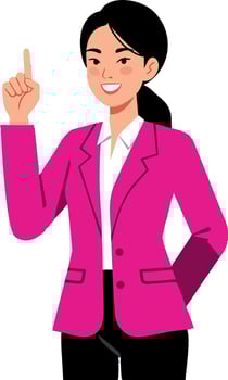 Woman with raised finger wearing pink blazer pointing upward illustration vector